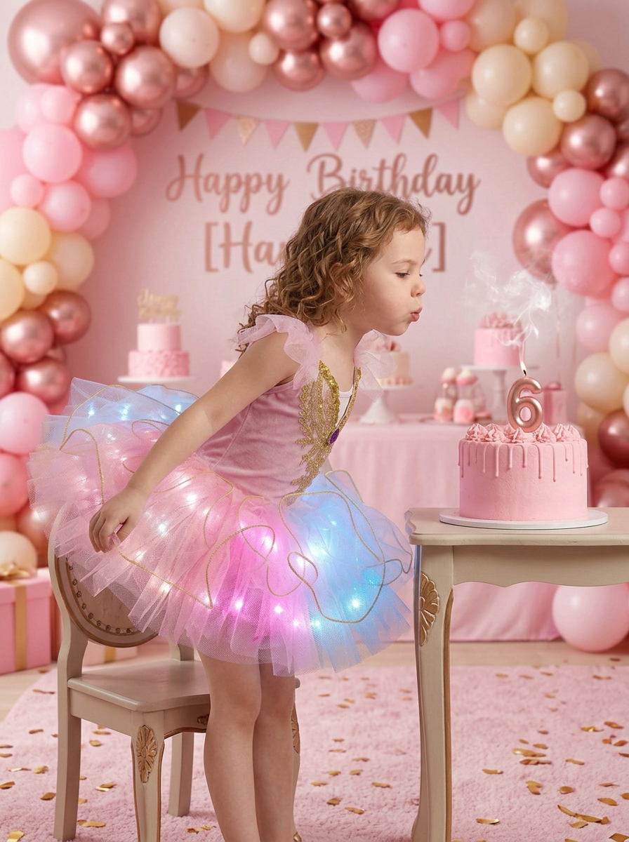 Light Up Pink Princess Costume for Girls – Glowing Fairytale Dress Up Set with LED Lights for Birthday Party, Halloween & Cosplay