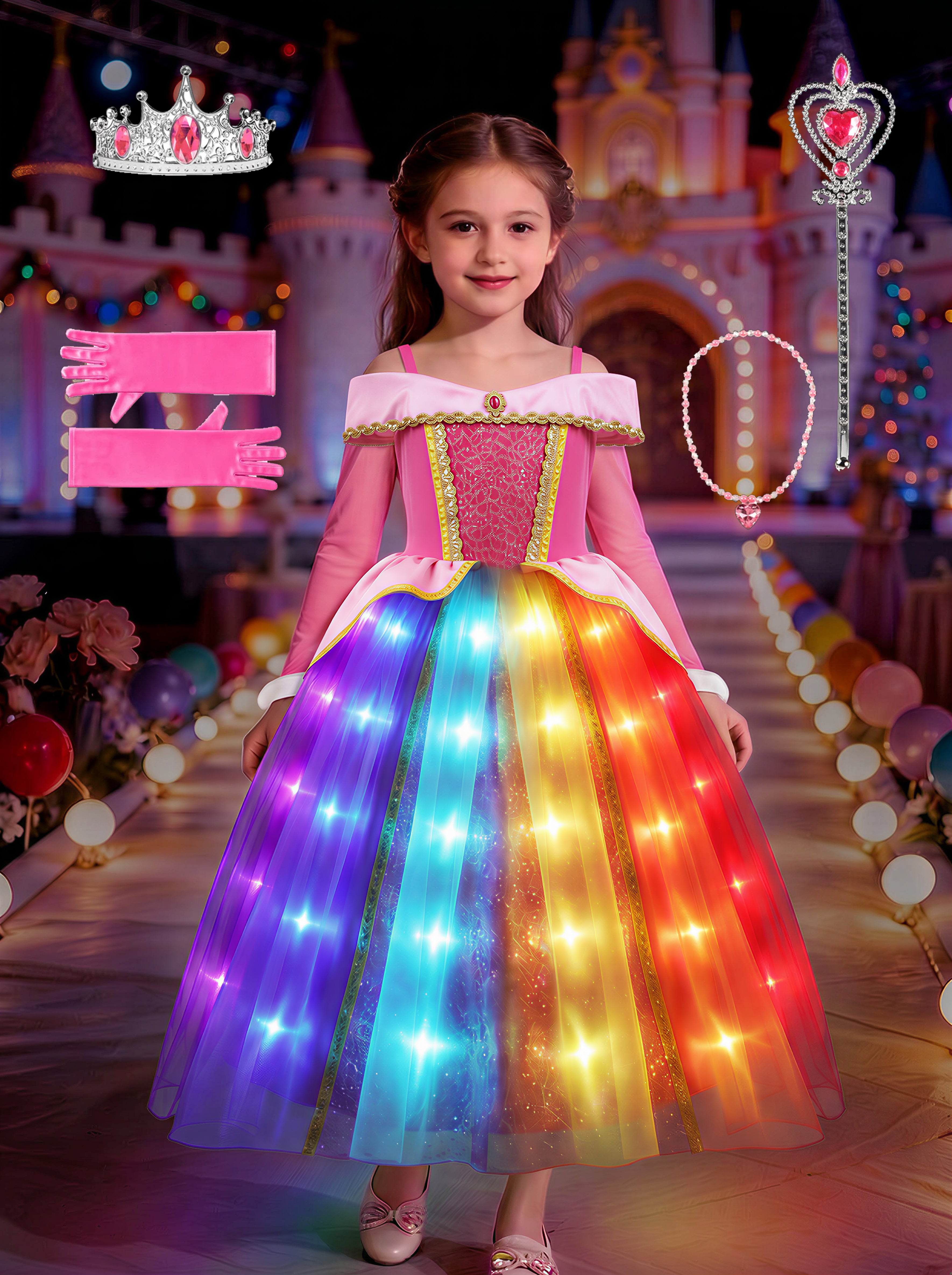 Glow-in-the-Dark Rainbow Princess Gown: Magical LED Light-Up Party Dress for Little Girls