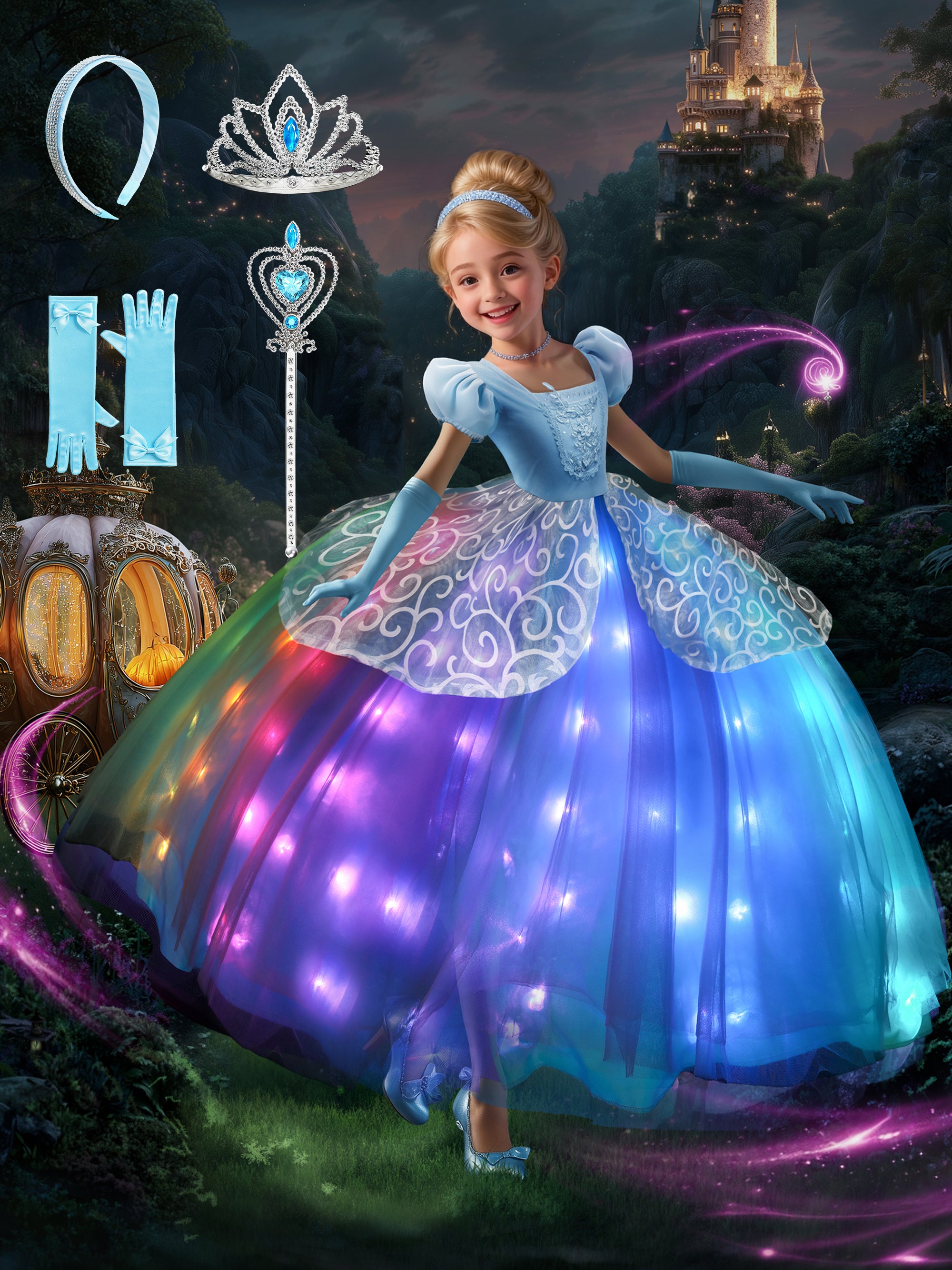 Colorful Light Up Costume Set Blue Princess Dress For Little Girls Halloween Costumes & Gift