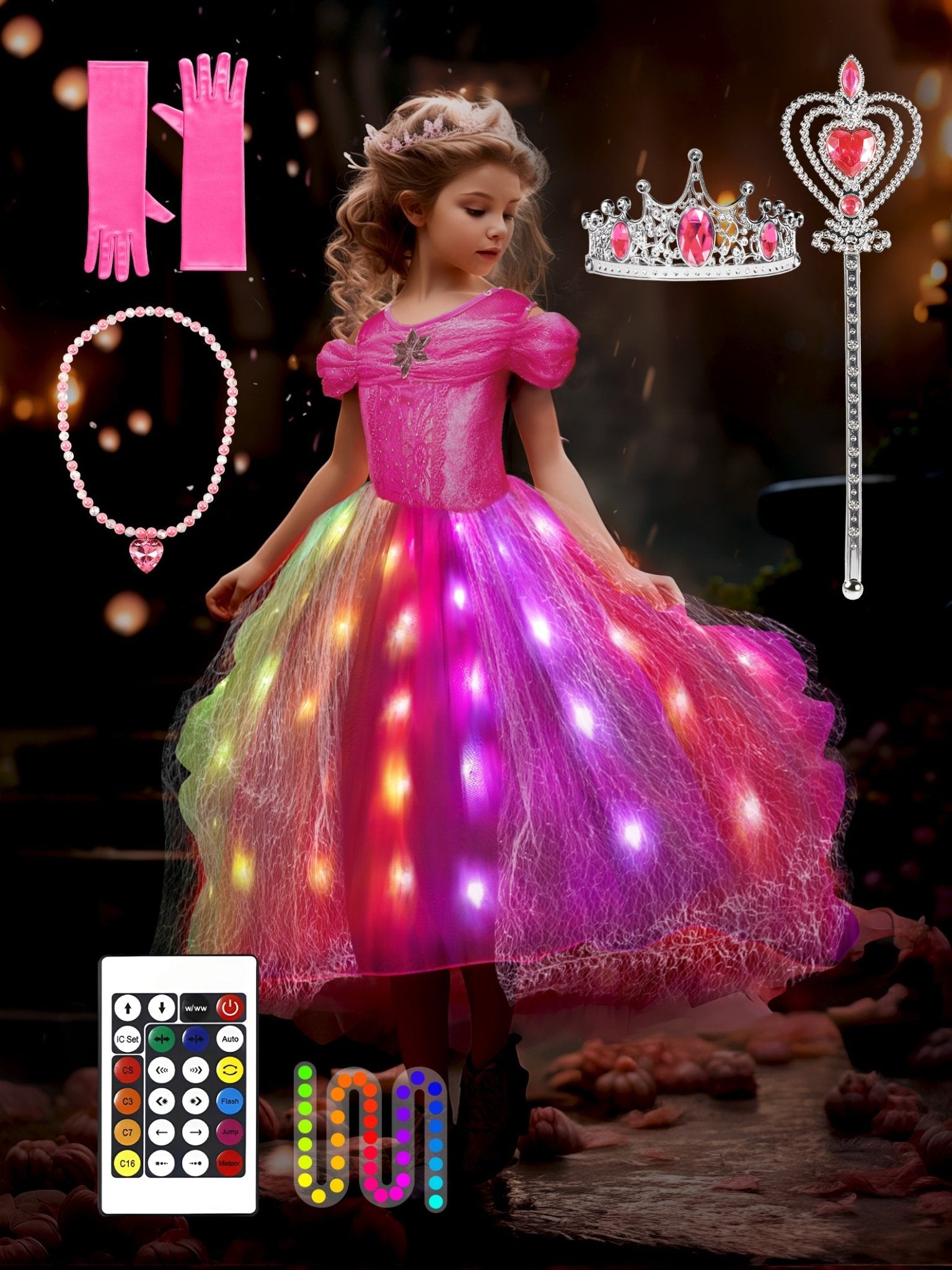 Colorful Light Up Princess Dress Set for Girls Party, Halloween & Dress Up Play - Uporpor