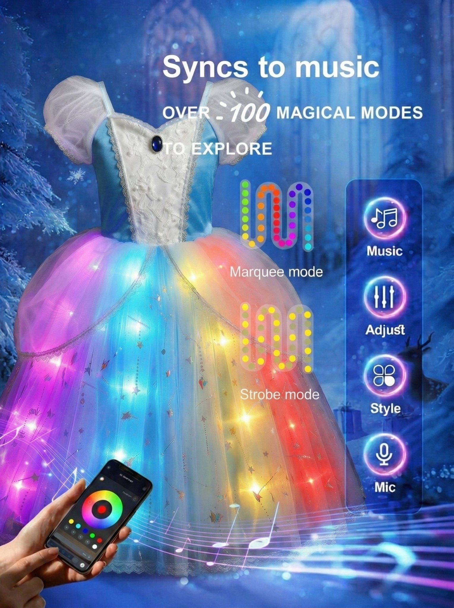 Glow - in - the - Dark Magical Blue Princess Gown – Sparkle Light - Up Party Dress for Toddlers & Little Girls - Uporpor