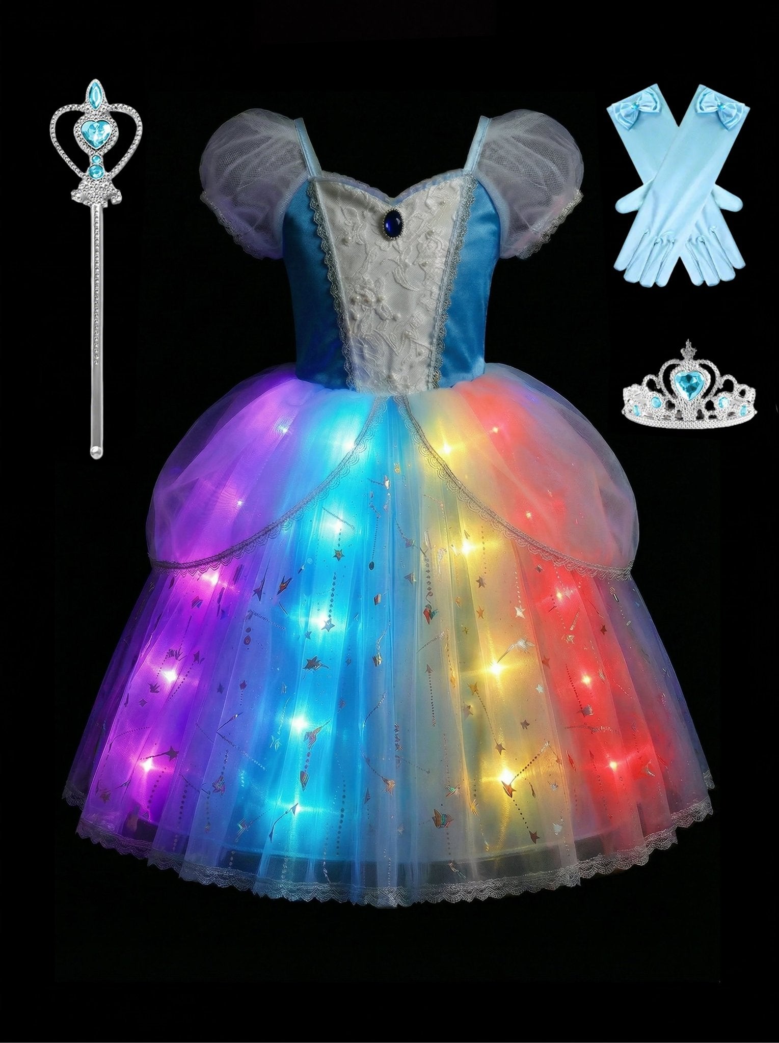 Glow - in - the - Dark Magical Blue Princess Gown – Sparkle Light - Up Party Dress for Toddlers & Little Girls - Uporpor