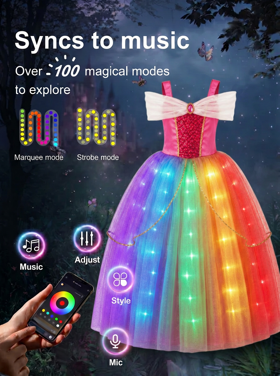 Glow in the Dark Princess Costume for Girls | Rainbow LED Light - Up Tulle Dress for Birthday Party, Cosplay, Halloween Outfit with Magic Glow - Uporpor