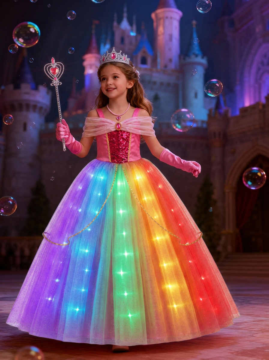 Glow in the Dark Princess Costume for Girls | Rainbow LED Light - Up Tulle Dress for Birthday Party, Cosplay, Halloween Outfit with Magic Glow - Uporpor