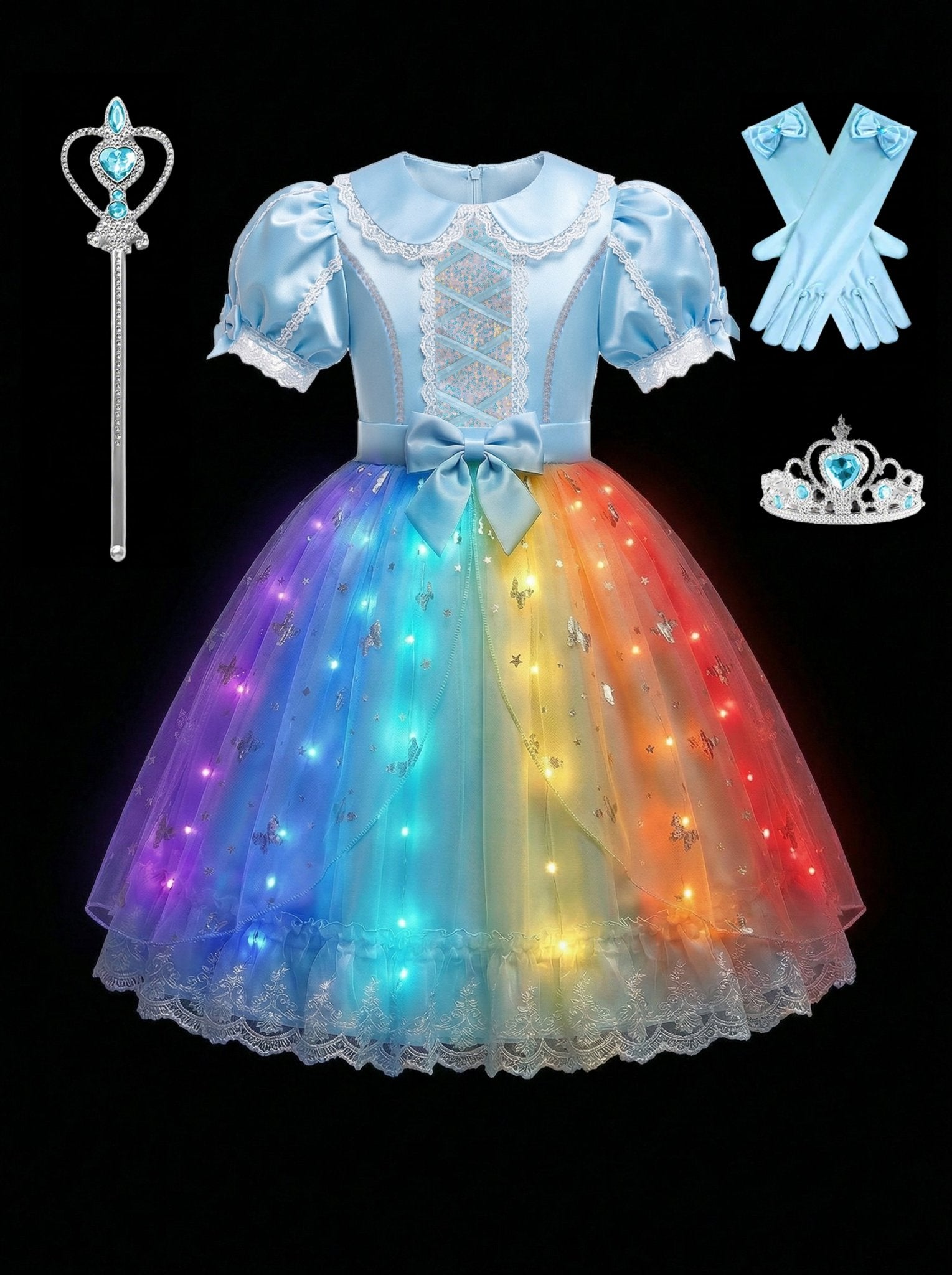 LED Light - Up Blue Princess Dress – Glow - in - the - Dark Sparkle Gown for Toddlers & Girls - Uporpor