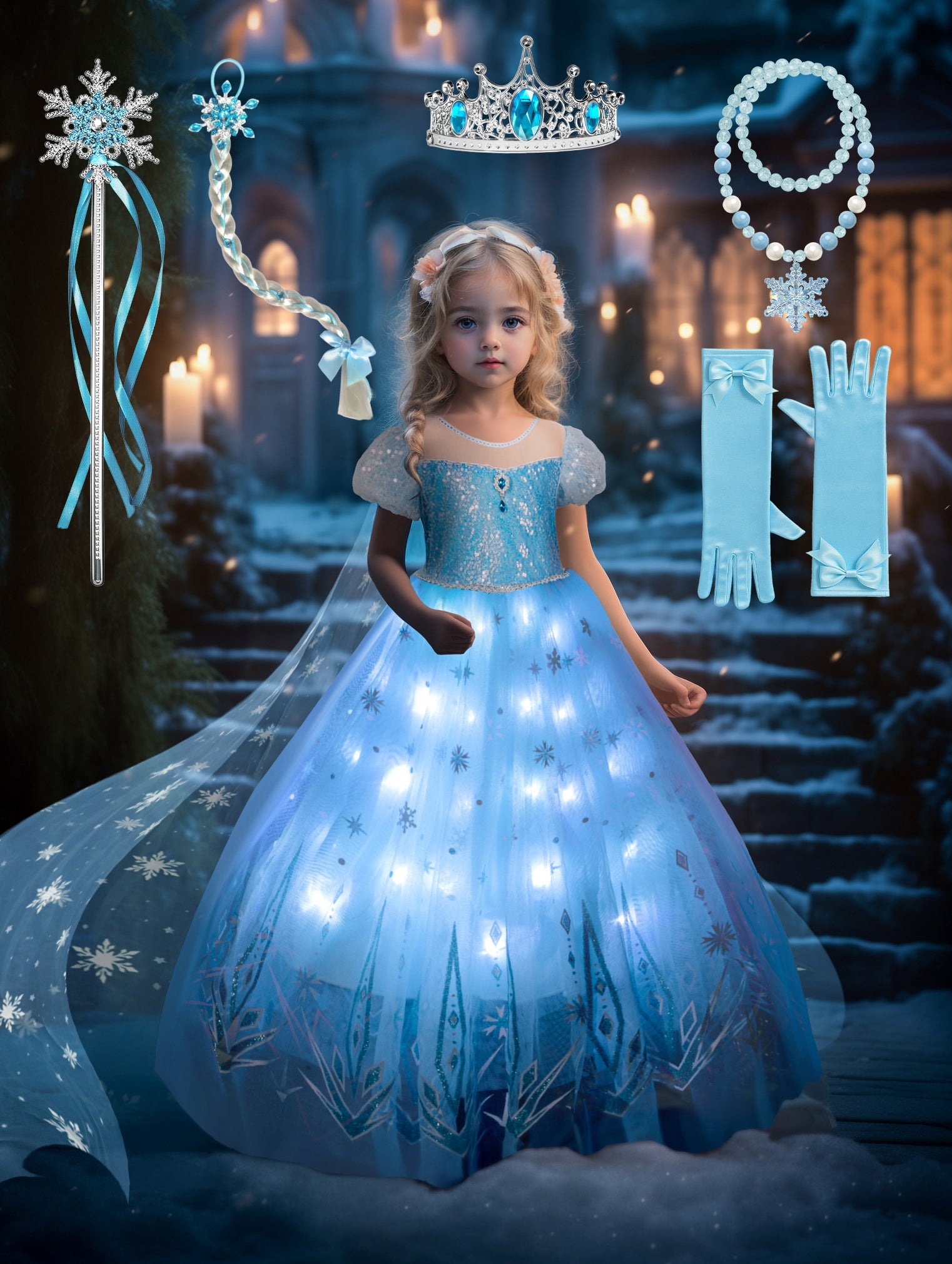 Light - Up Snow Princess Dress with Accessories for Little Girls – Complete Costume Set - Uporpor