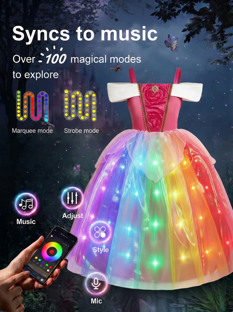 Pink Princess Costume for Girls Aged 4 - 6: Magical LED Glow in the Dark Princess Sleeping Dress Up Gown with Wand & Tiara - Perfect for Birthday Party, Cosplay, Holiday Gift - Uporpor