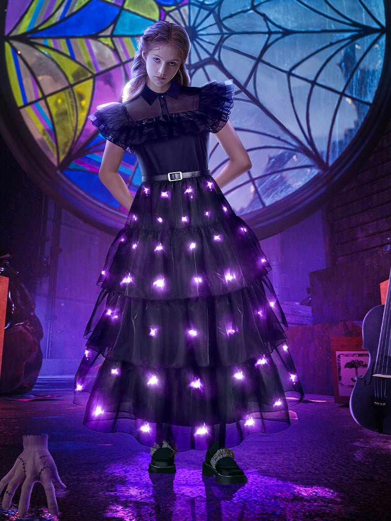 Glowing Girls Wednesday Addams Dress Costume Cosplay Halloween Outfit