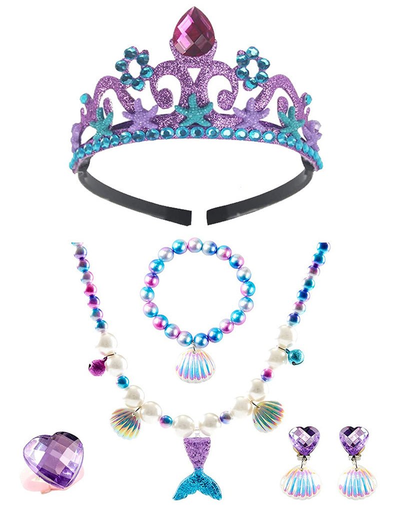 Girls Princess Necklace Bracelets Ear Clips Set Mermaid Pendant Princess Party(5 PCS) - Uporpor