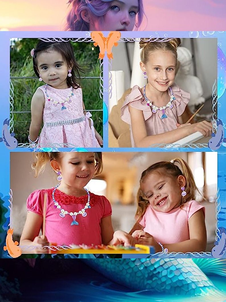 Girls Princess Necklace Bracelets Ear Clips Set Mermaid Pendant Princess Party(5 PCS) - Uporpor