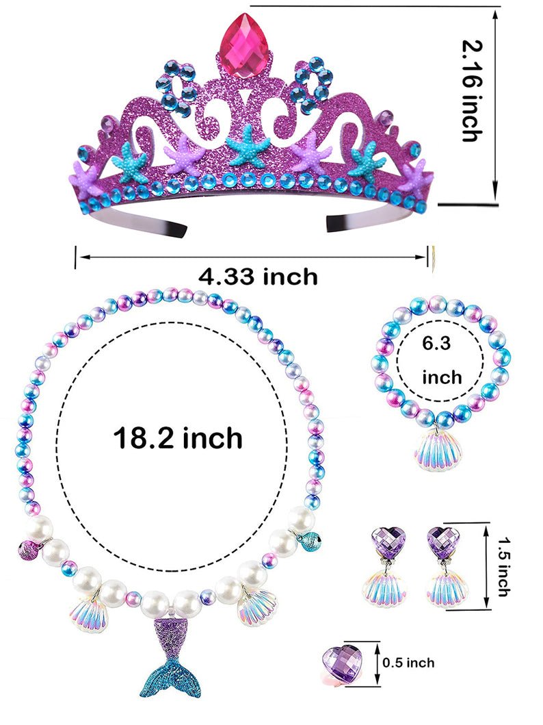 Girls Princess Necklace Bracelets Ear Clips Set Mermaid Pendant Princess Party(5 PCS) - Uporpor