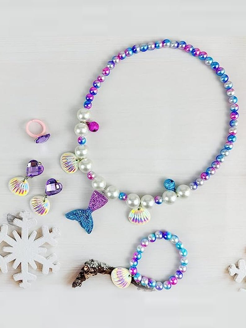 Girls Princess Necklace Bracelets Ear Clips Set Mermaid Pendant Princess Party(5 PCS) - Uporpor
