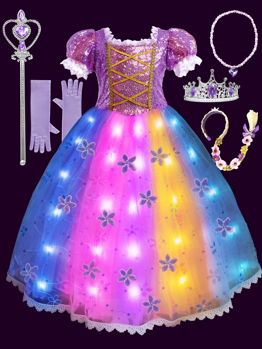 Colorful Light Up Princess Dress Set for Girls – Purple LED Costume for Party and Dress Up