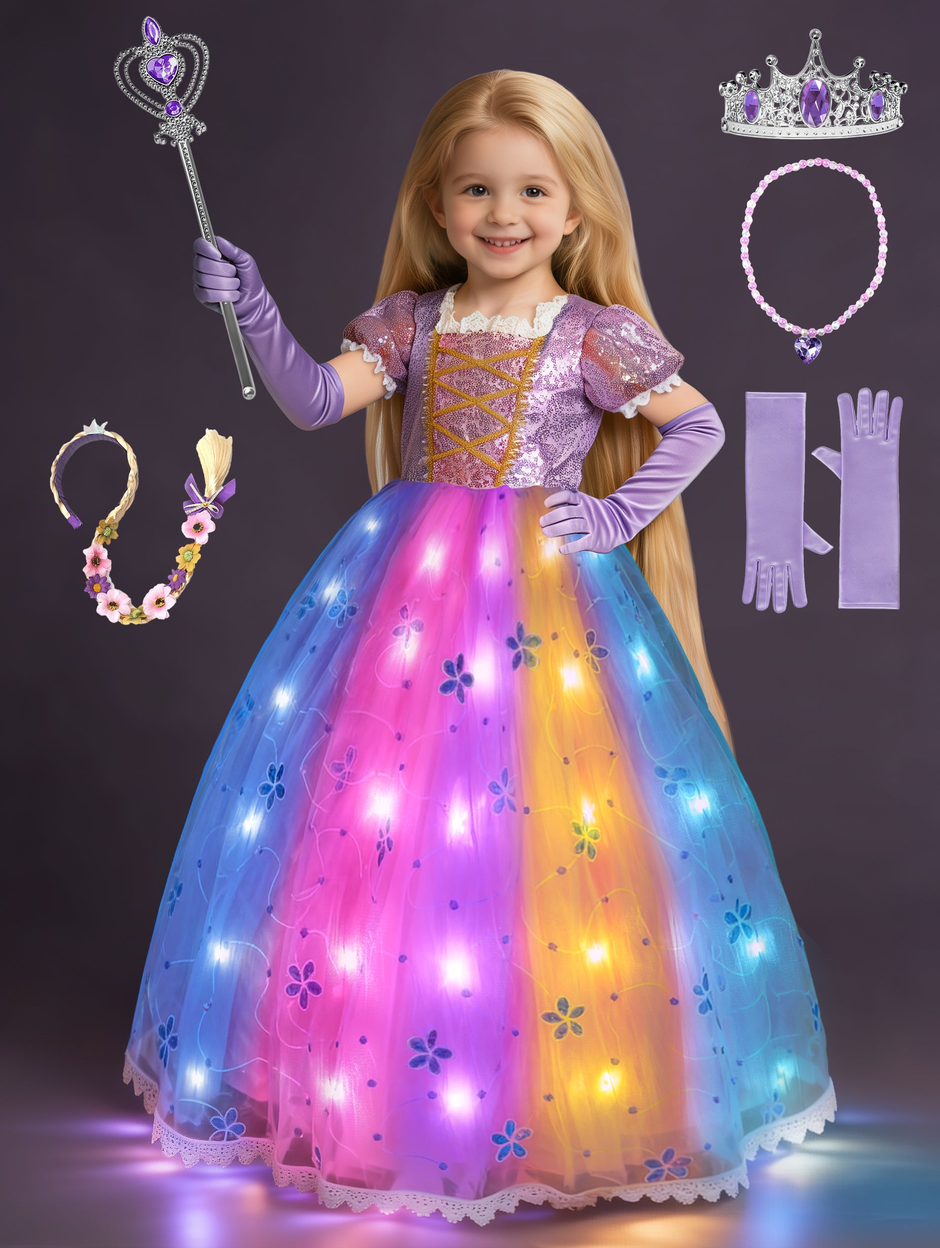 Rapunzel Princess Colorful Set Light Up Costume For Girl