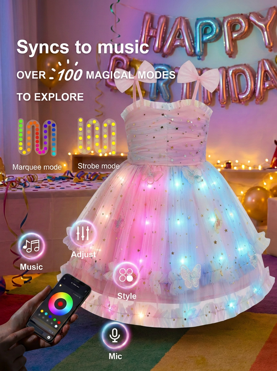 LED Light-Up- Pink Princess Costume Set Colorful Fairytale Glowing Dress for Girls' Birthday Parties & Cosplay (Copy)