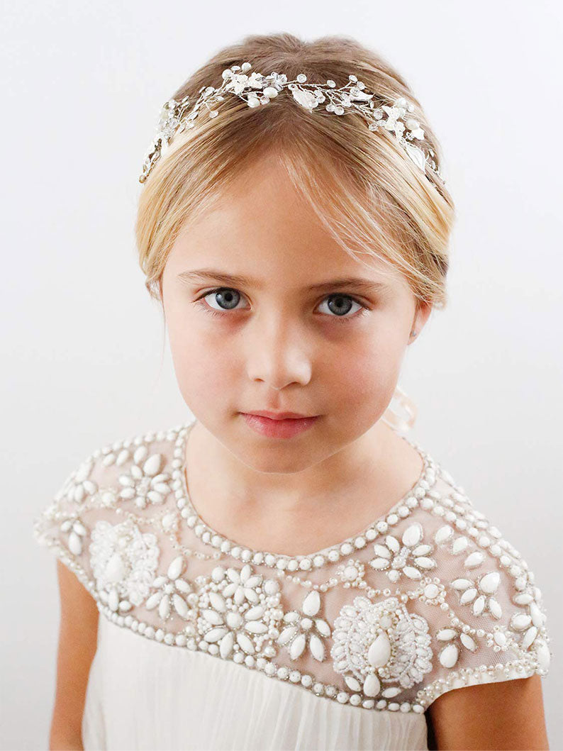 Girl Flower Headpiece  Silver Princess Headband Flower Pearl Hair Accessories for Birthday Party, Photography
