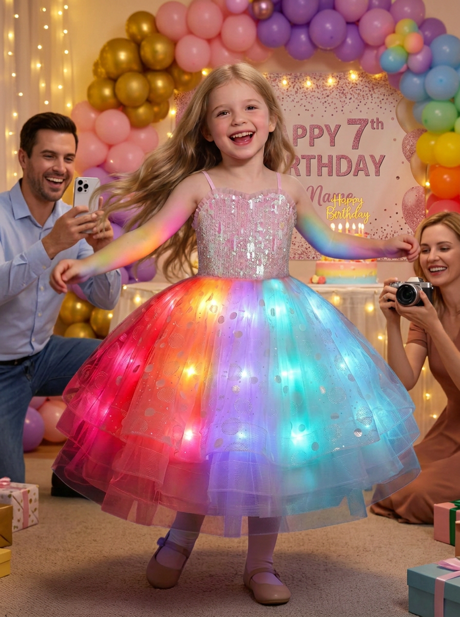LED Light-Up Pink Princess Costume Set — Colorful Fairytale Glowing Dress for Girls' Birthday Parties & Cosplay
