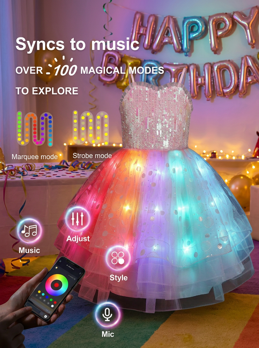 LED Light-Up Pink Princess Costume Set — Colorful Fairytale Glowing Dress for Girls' Birthday Parties & Cosplay