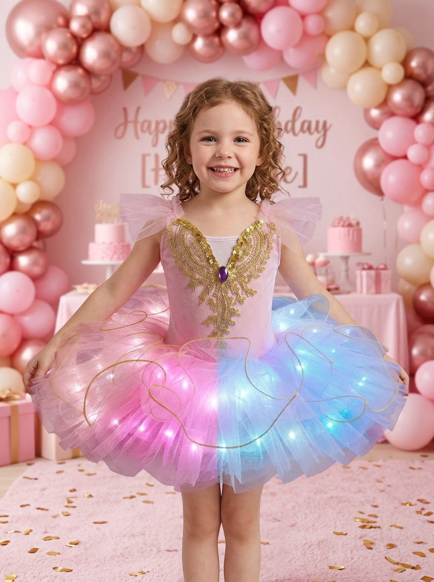 Light Up Pink Princess Costume for Girls – Glowing Fairytale Dress Up Set with LED Lights for Birthday Party, Halloween & Cosplay