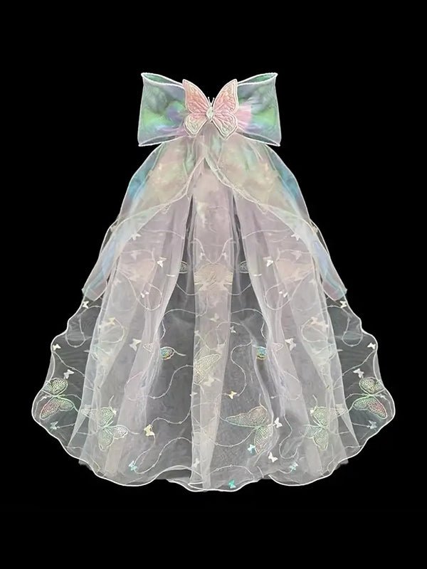 Angel Iridescent Butterfly Bow Hair Clip with Sheer Veil Accent - Uporpor