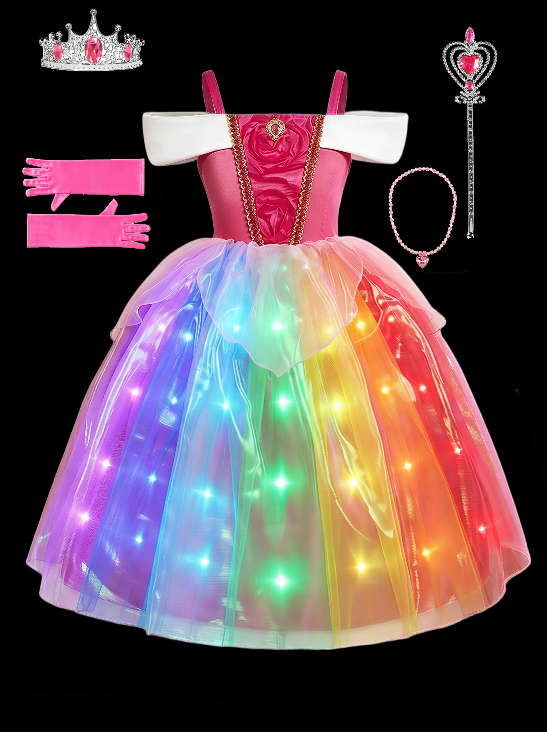 Pink Princess Costume for Girls Aged 4-6: Magical LED Glow in the Dark Princess Sleeping Dress Up Gown with Wand & Tiara - Perfect for Birthday Party, Cosplay, Holiday Gift