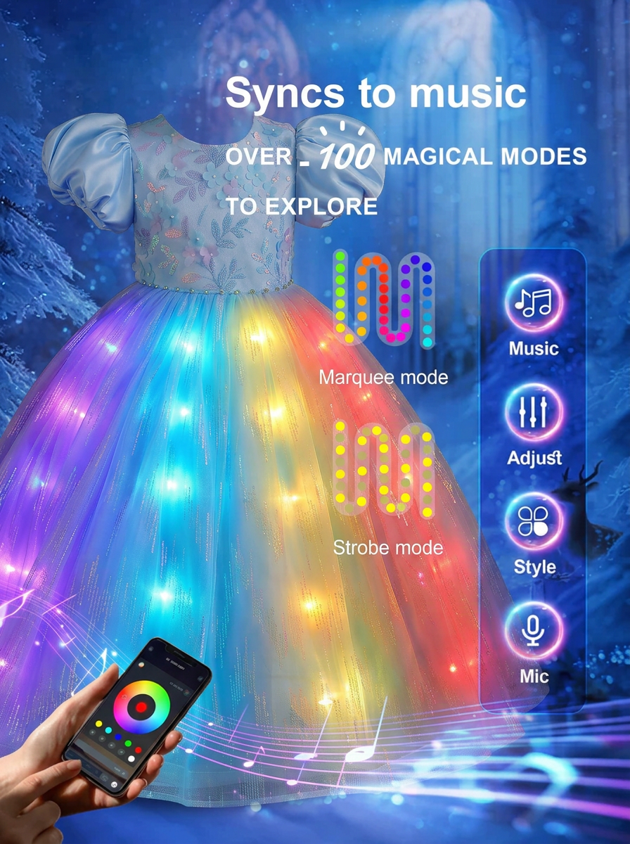 Blue Sparkly Princess Dress with LED Lights – Toddler Girls' Glow Gown for Halloween & Dress - Up - Uporpor