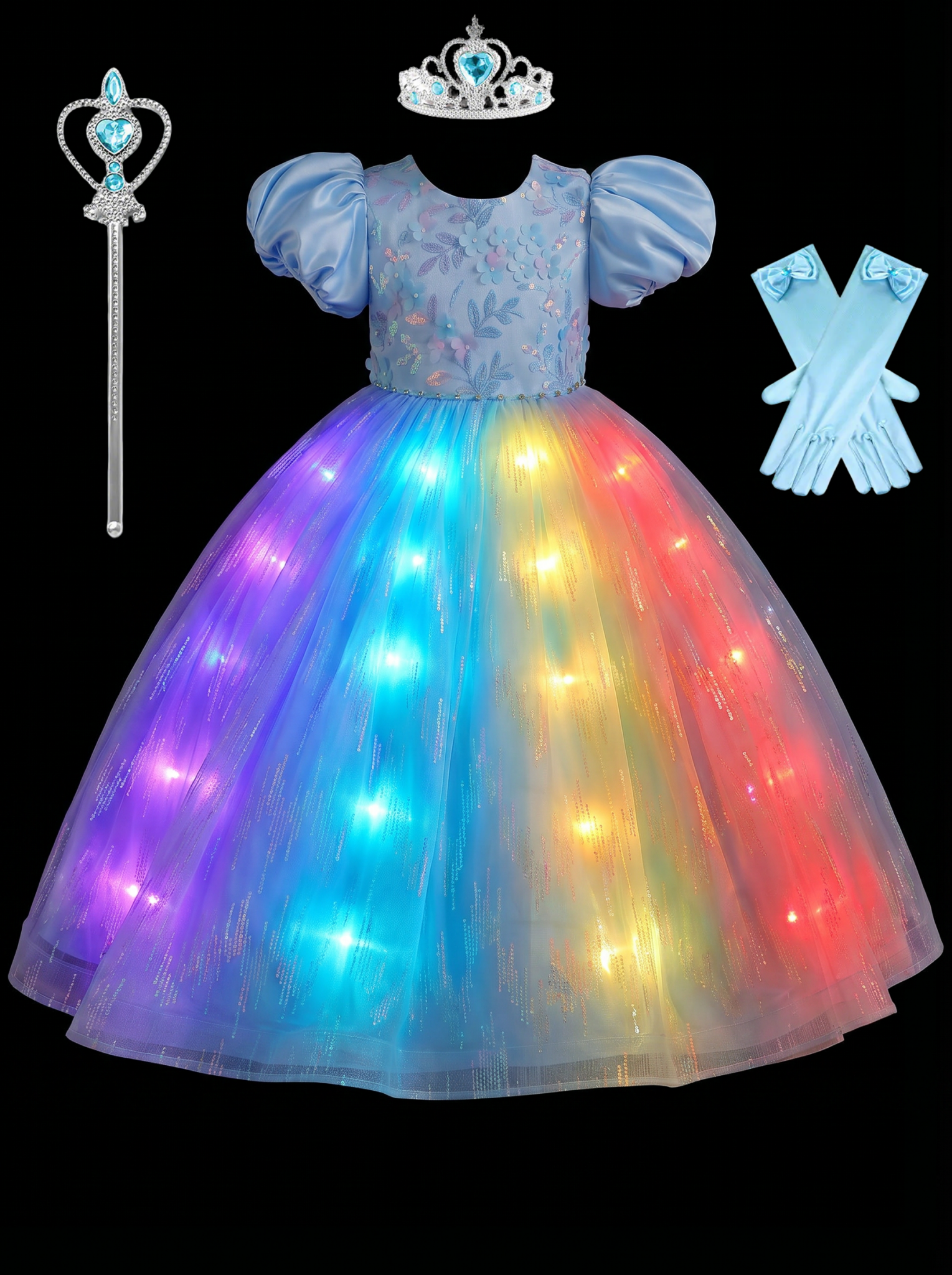 Blue Sparkly Princess Dress with LED Lights – Toddler Girls' Glow Gown for Halloween & Dress - Up - Uporpor