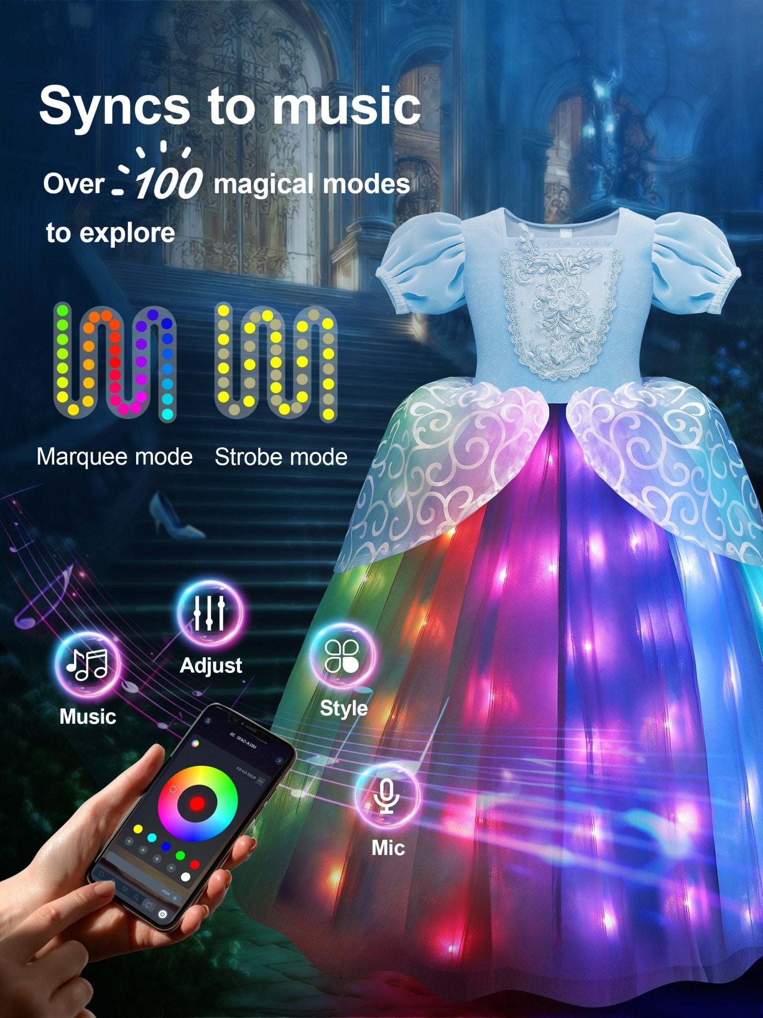 Colorful Light Up Costume Set Blue Princess Dress For Little Girls Halloween Costumes & Gift - Uporpor