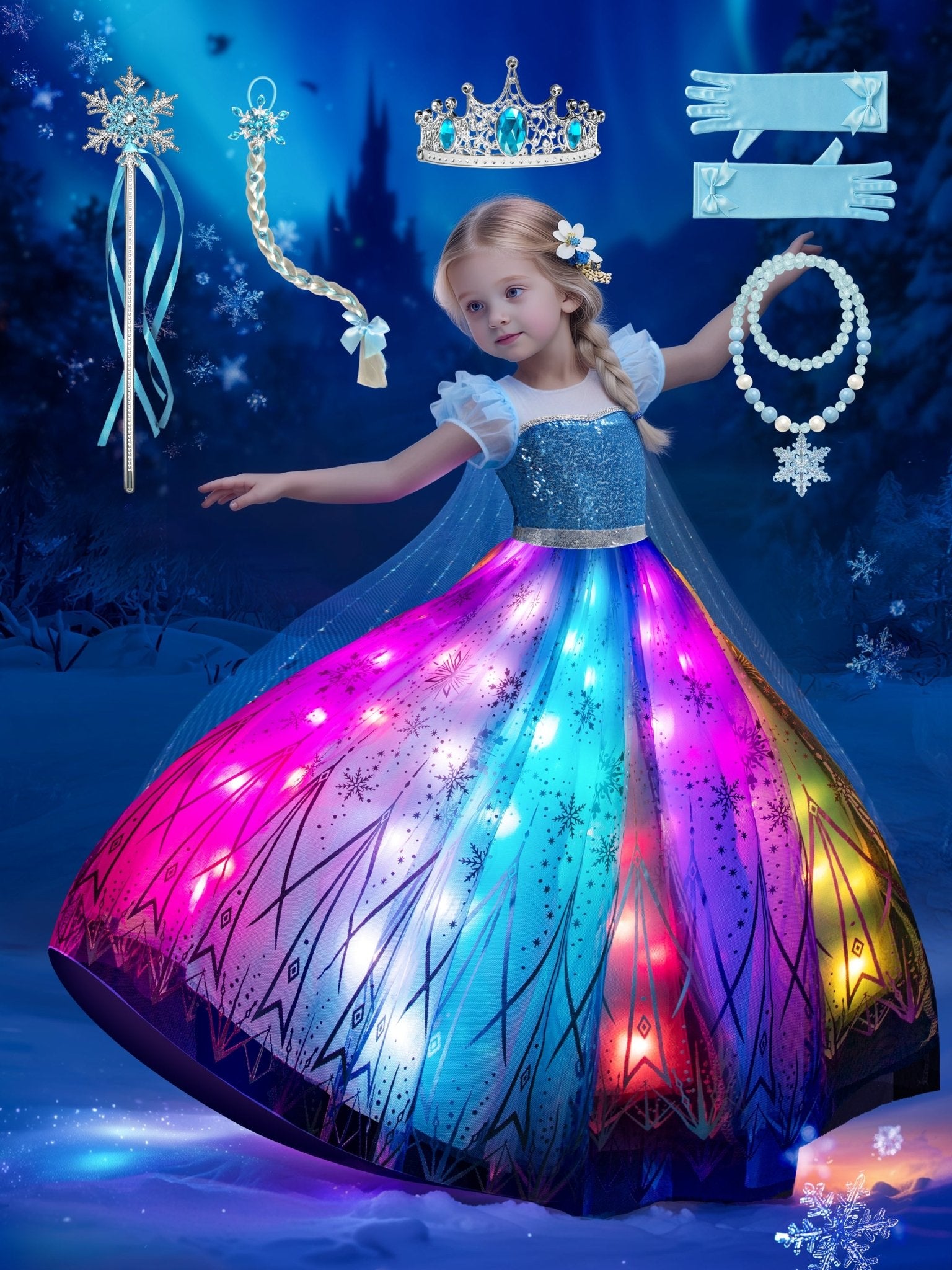 Colorful Light Up Princess Dress Set for Girls Halloween Party Birthday & Dress Up, 5-6Y Colorful Light Up Princess Dress Set for Girls Halloween Party Birthday & Dress Up, 5-6Y