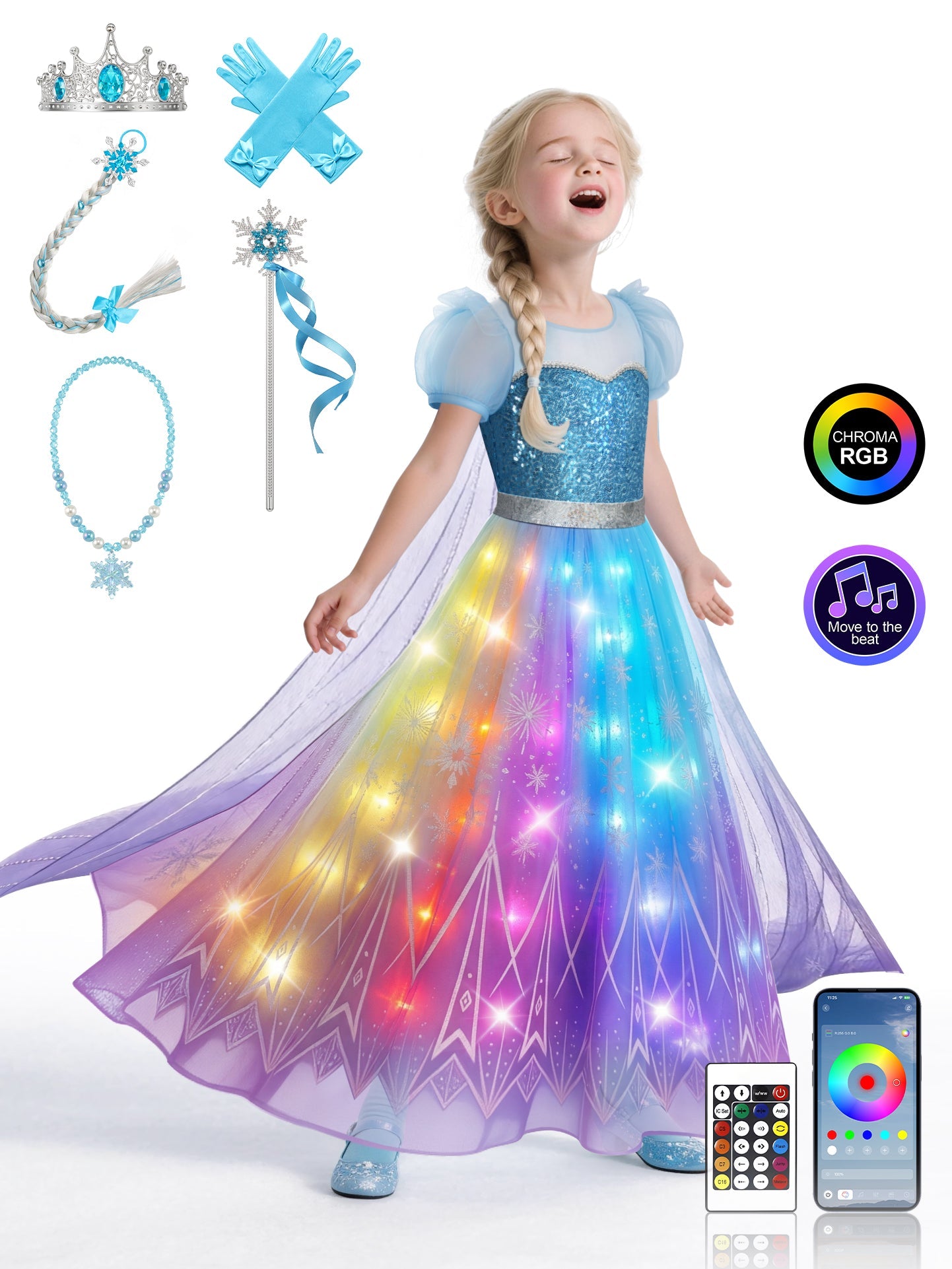 Colorful Light Up Princess Dress Set for Girls Halloween Party Birthda
