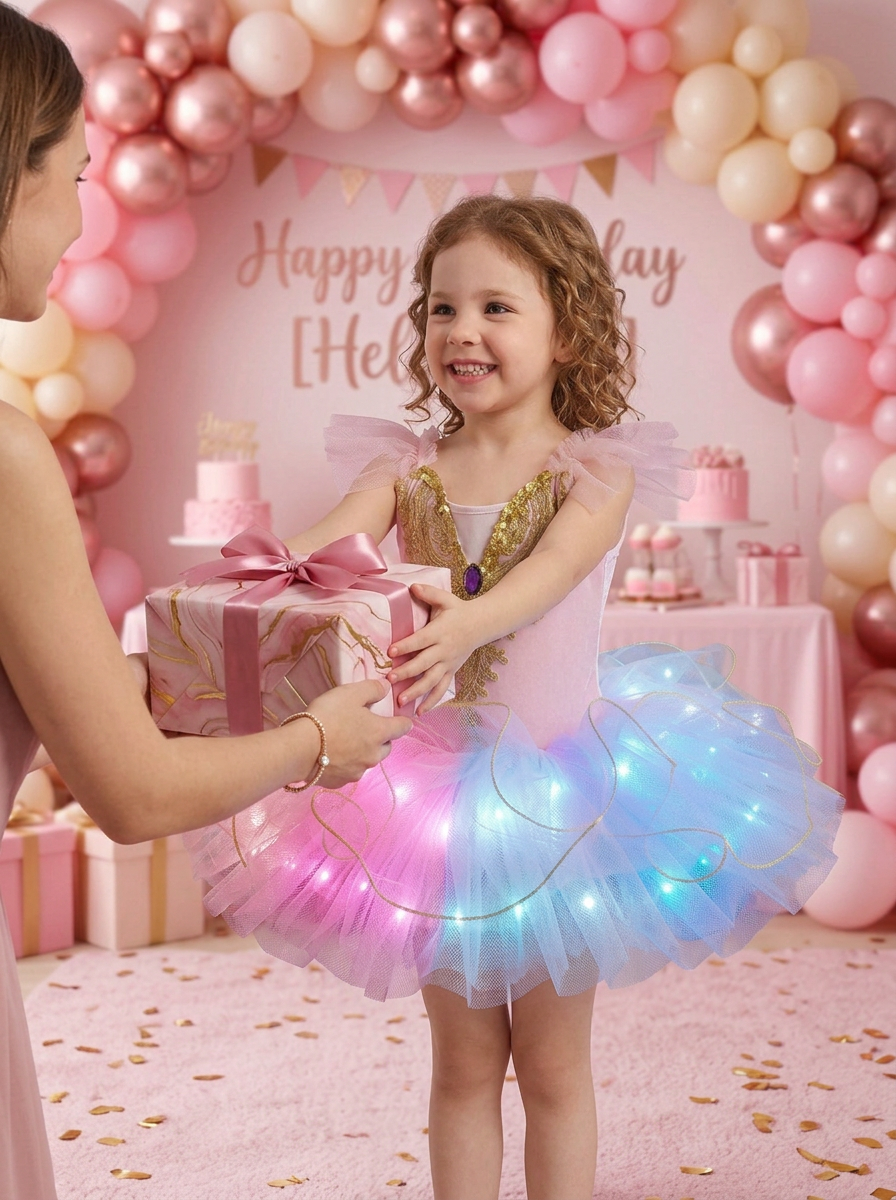 Light Up Pink Princess Costume for Girls – Glowing Fairytale Dress Up Set with LED Lights for Birthday Party, Halloween & Cosplay