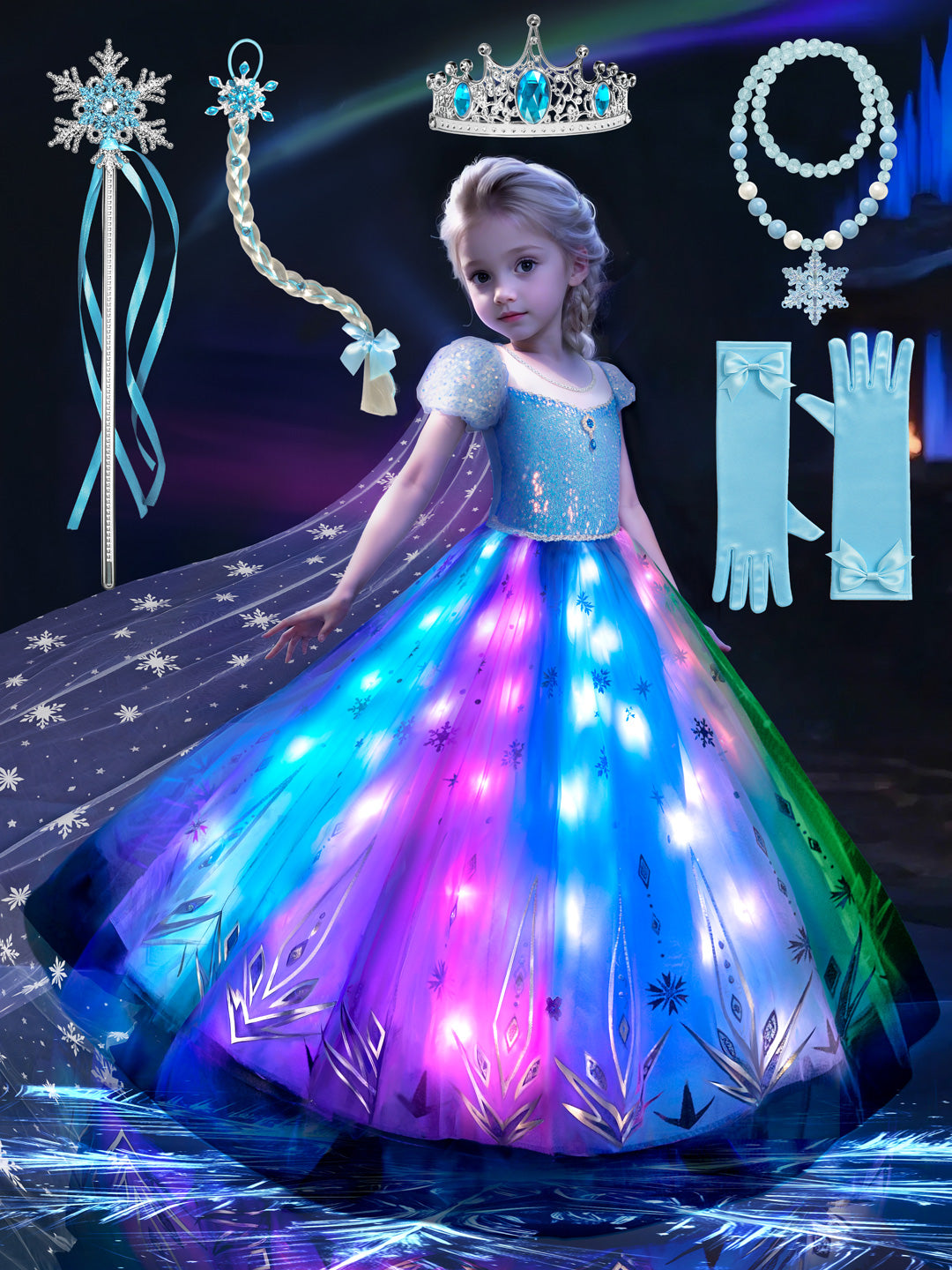 Light Up Dress Set for Girls – Blue LED Costume for Party Birthday Halloween And Dress Up, 8-9Y