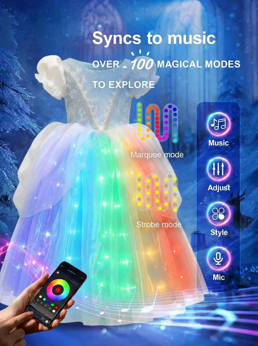 Frozen Glow: LED Light - Up Blue Sparkly Princess Gown for Toddler Girls – Magical Halloween & Party Dress - Uporpor