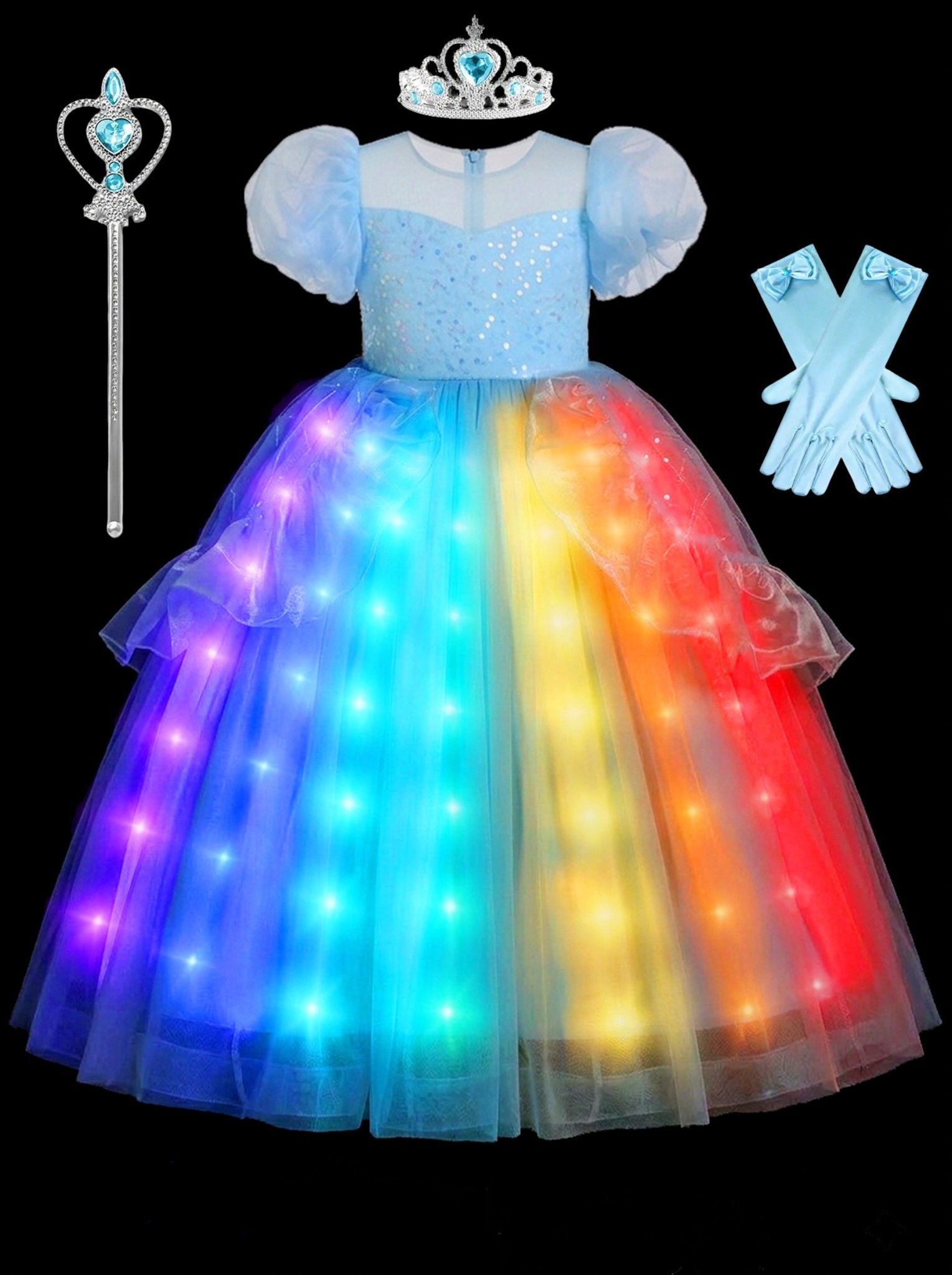 Girls LED Light - Up Blue Princess Costume – Glow - in - the - Dark Birthday Party Gown for Toddlers - Uporpor