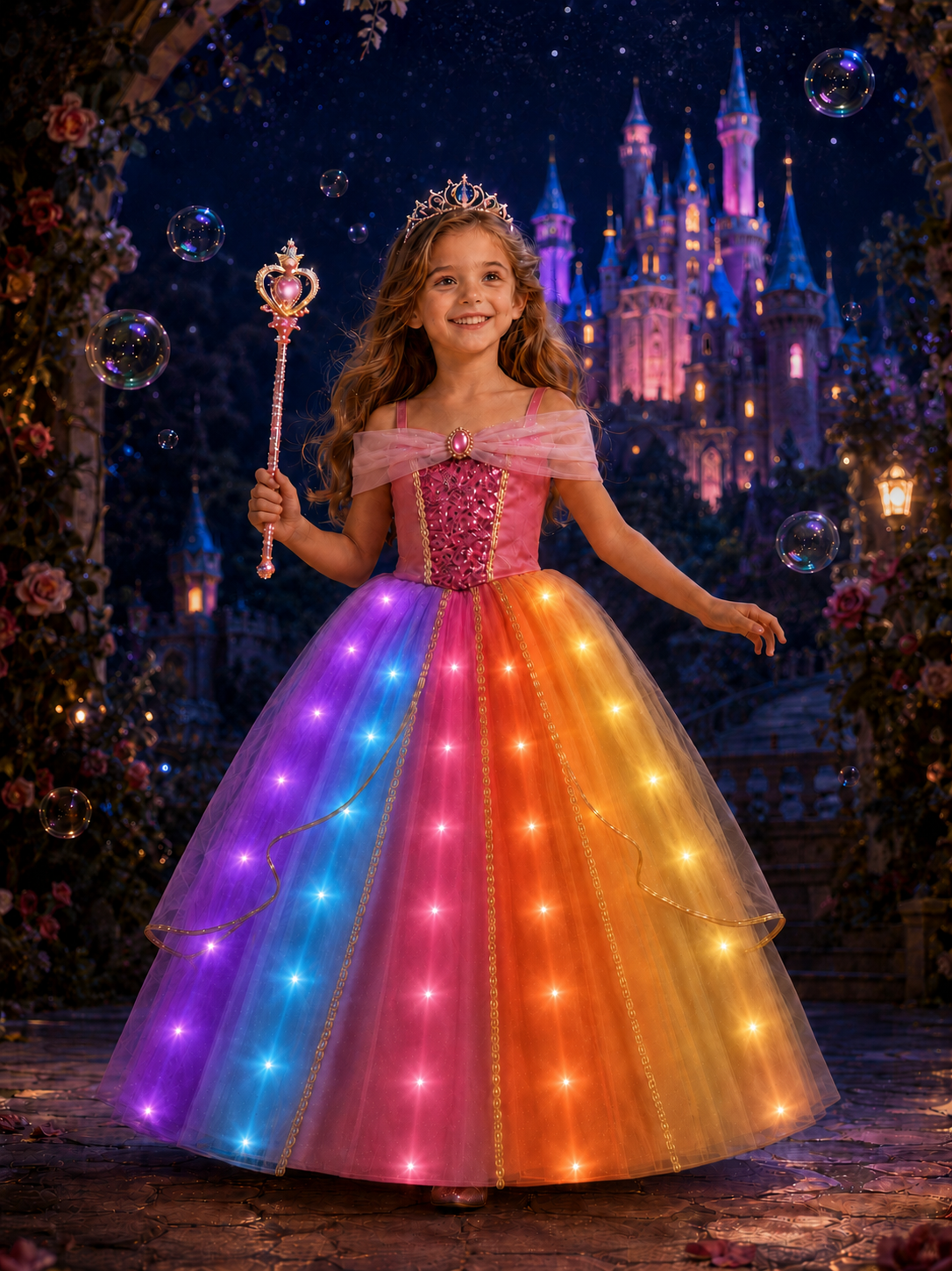 Girls Light up Princess Costume Dresses Pink Princess Dress Up Clothes with Accessories - Uporpor