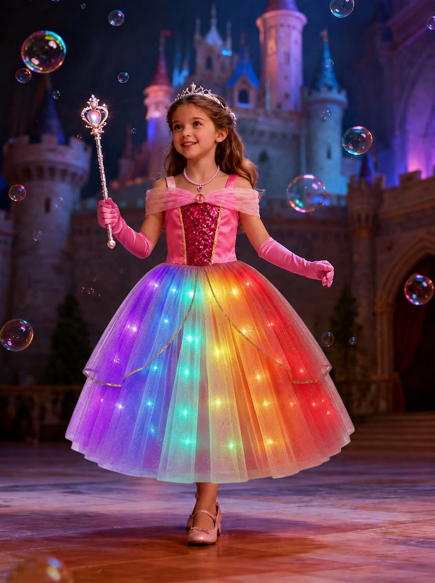 Girls Rainbow LED Light - Up Princess Dress | Glowing Fairy Tulle Costume for Birthday, Halloween & Cosplay - Uporpor