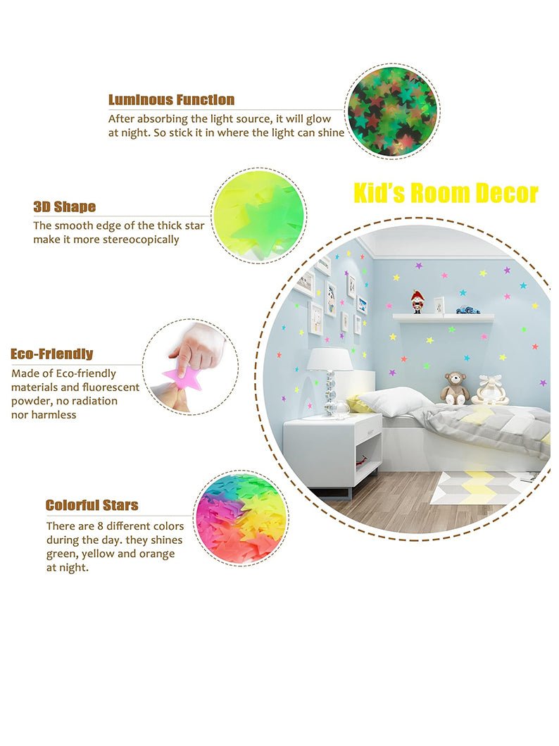 Glowing Stars and Moon 200pcs - 3D Kids' Bedroom Decoration - Uporpor