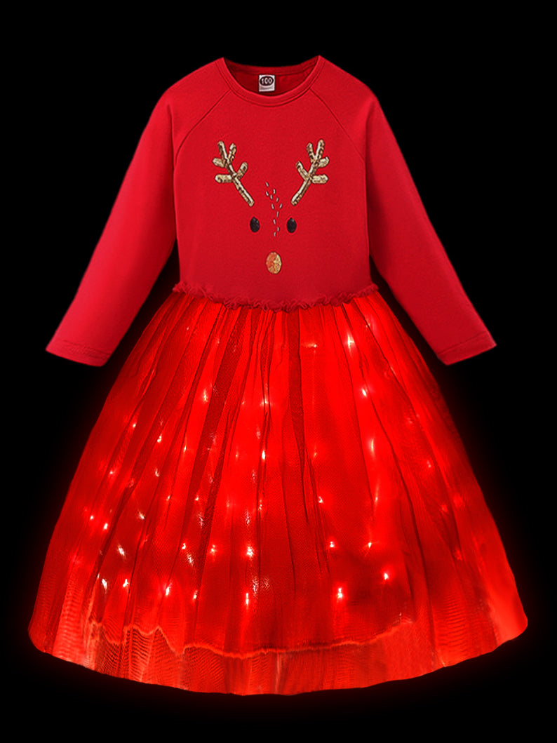 Light up Elk Print Long Sleeve Mesh Dress for Girls Christmas - Uporpor - Uporpor