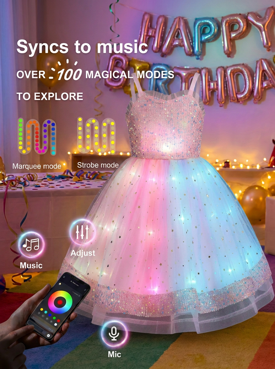 LED Light-Up Pink Princess Costume Set Colorful Fairytale Glowing Dress for Girls' Birthday Parties & Cosplay - Uporpor