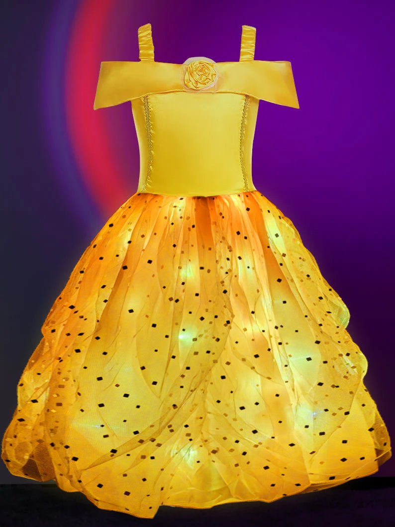 Light Up Belle Princess Costume Shoulder Layered Dress for Girls Party - UPORPOR - Uporpor