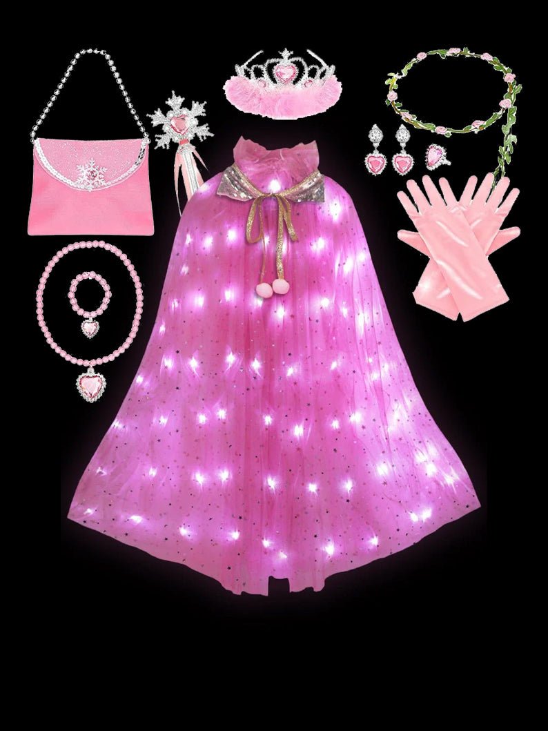 Light Up Princess Dress Up Cape for Little Girls With 10 Pcs Accessories - Uporpor