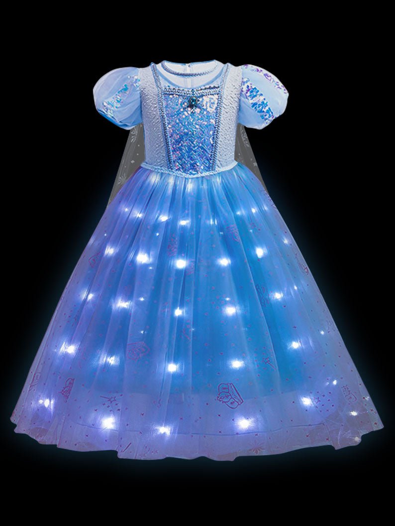 Light Up Princess Sequins Elsa Dress With Cape For Girls Party - Uporp