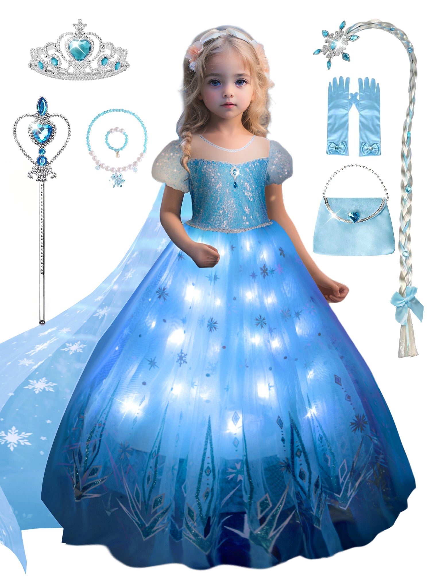 princess dress with accessories Glowing Snow Princess Costume for Girls – Light-Up Magical Dress, 9-10Y