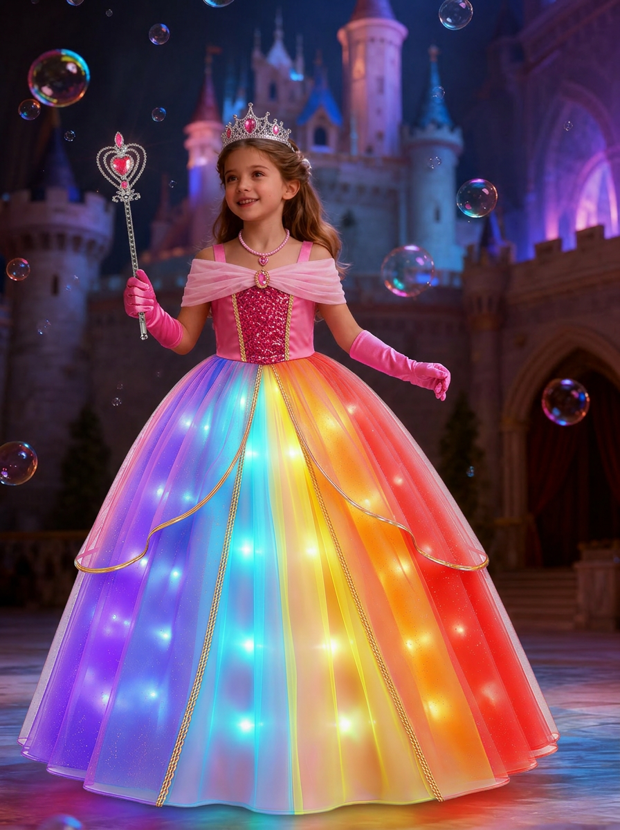 Magical Rainbow LED Princess Dress for Girls | Vertical Gradient Glowing Tulle Party Gown, Light - Up Fairy Toddler Cosplay Clothes - Uporpor