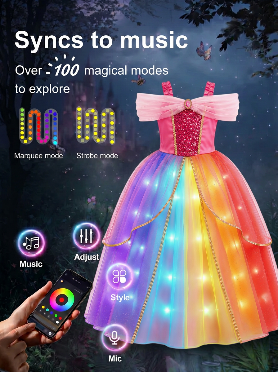 Magical Rainbow LED Princess Dress for Girls | Vertical Gradient Glowing Tulle Party Gown, Light - Up Fairy Toddler Cosplay Clothes - Uporpor