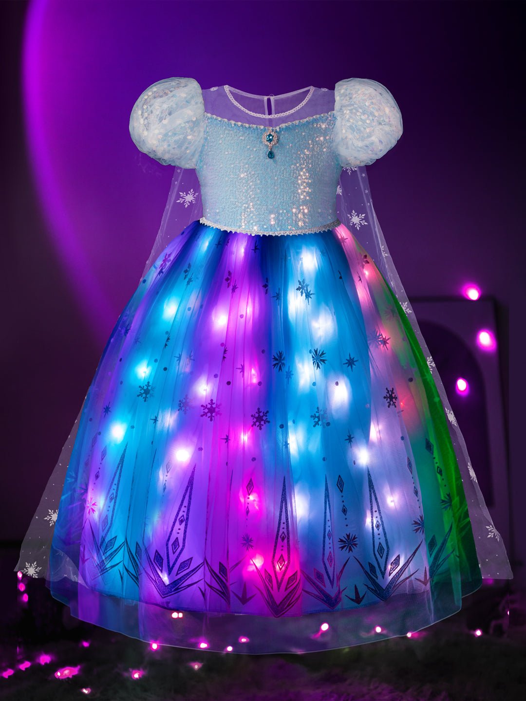 Multi - coloured Lights Glowing Princess Elsa Costumes for Little Girls - Uporpor