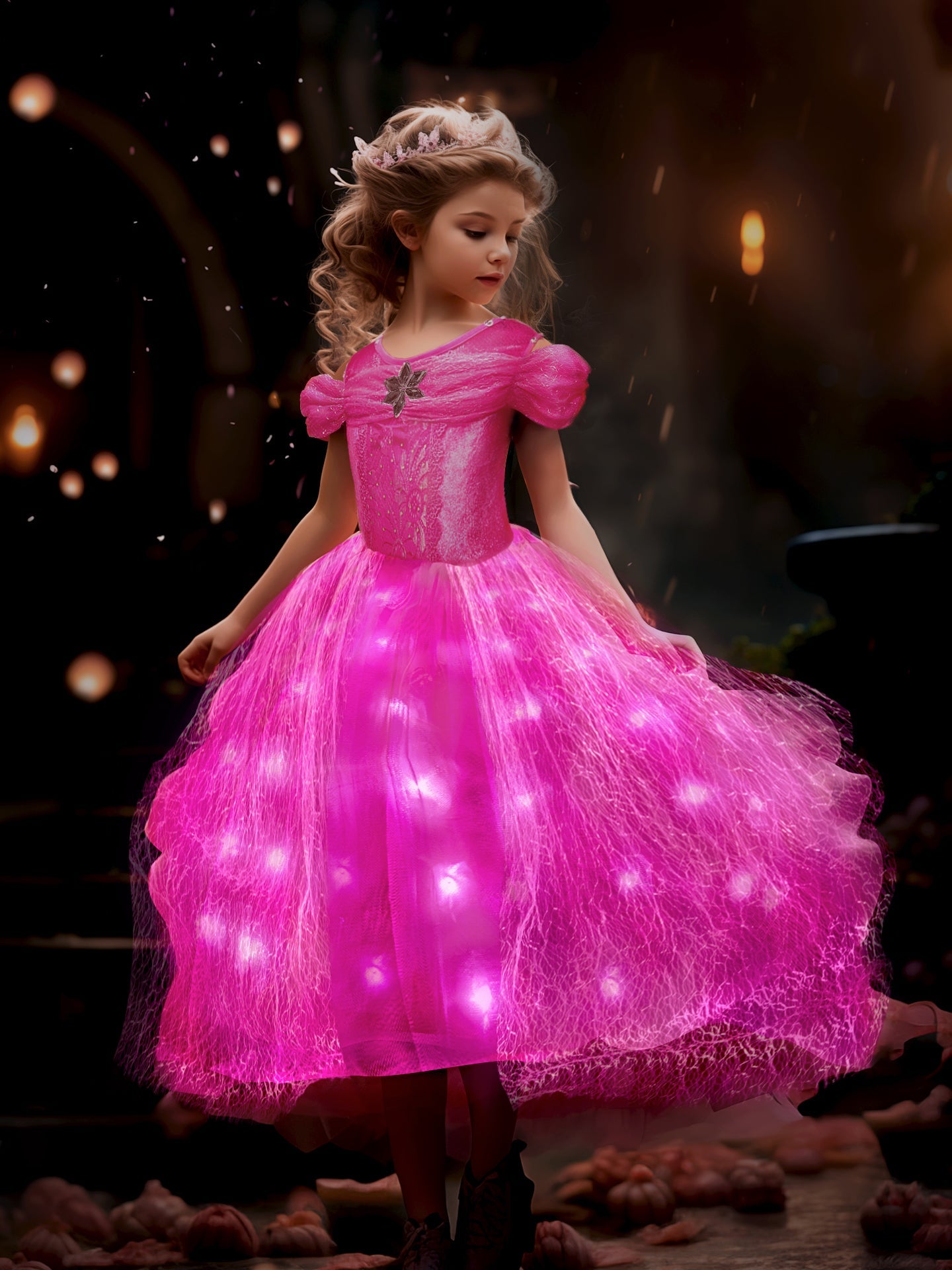 princess light up dress Dreamy Ball Gown for Girls LED Fairy Costume Rounded Collar Snaps On Back Neckline Short Puff Sleeves Decorative Belt With Fixed Bow On Back Full Petticoat Party Wear Fairytale Dresses For