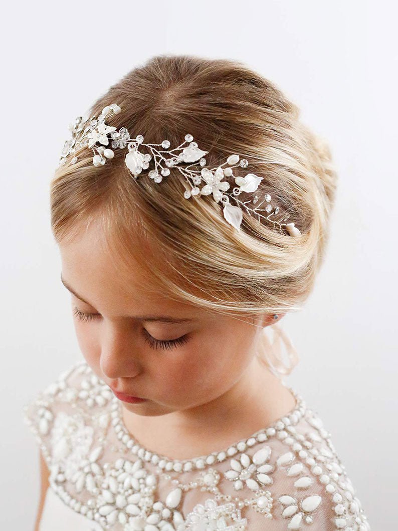 Girl Flower Headpiece Silver Princess Headband Flower Pearl Hair Accessories for Birthday Party, Photography - Uporpor