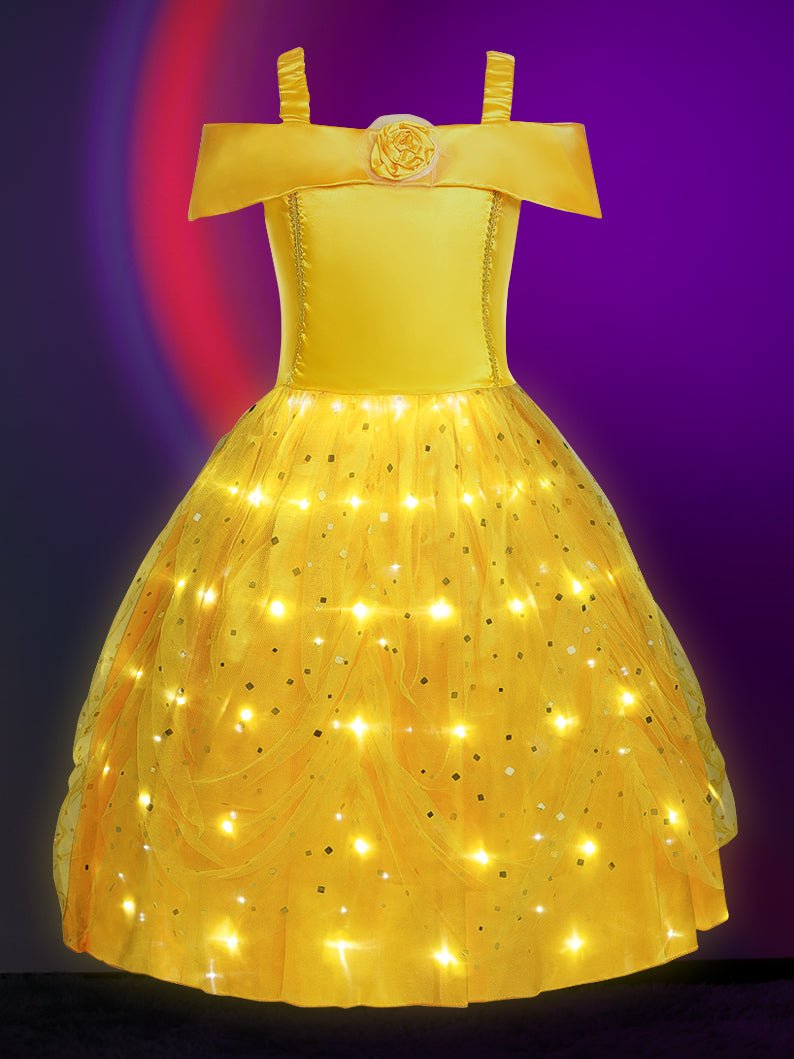 Light Up Belle Princess Costume Shoulder Layered Dress for Girls Party - UPORPOR - Uporpor