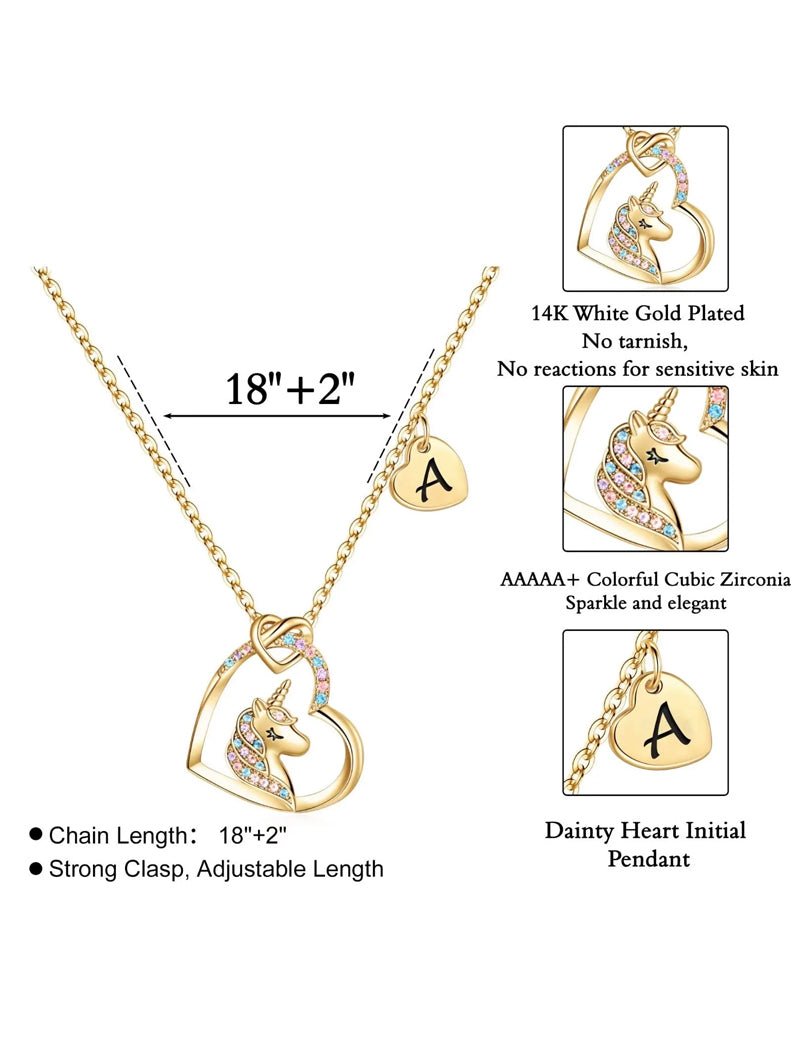 Unicorns Gifts for Girls Letter A Gold CZ Heart Pendant Necklaces - Uporpor